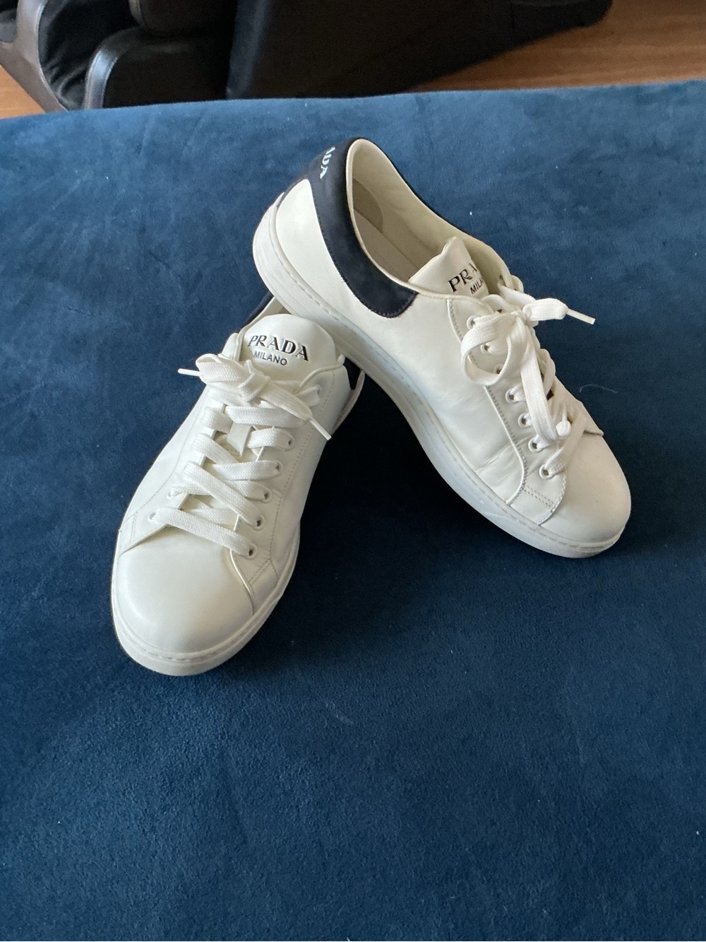 Prada White Leather Sneakers with Black Heel tab Excellent Condition